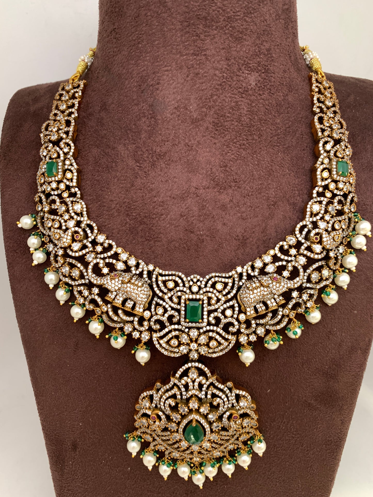 Polki Green Stone Elephant Design Mehndi Polish Short Necklace
