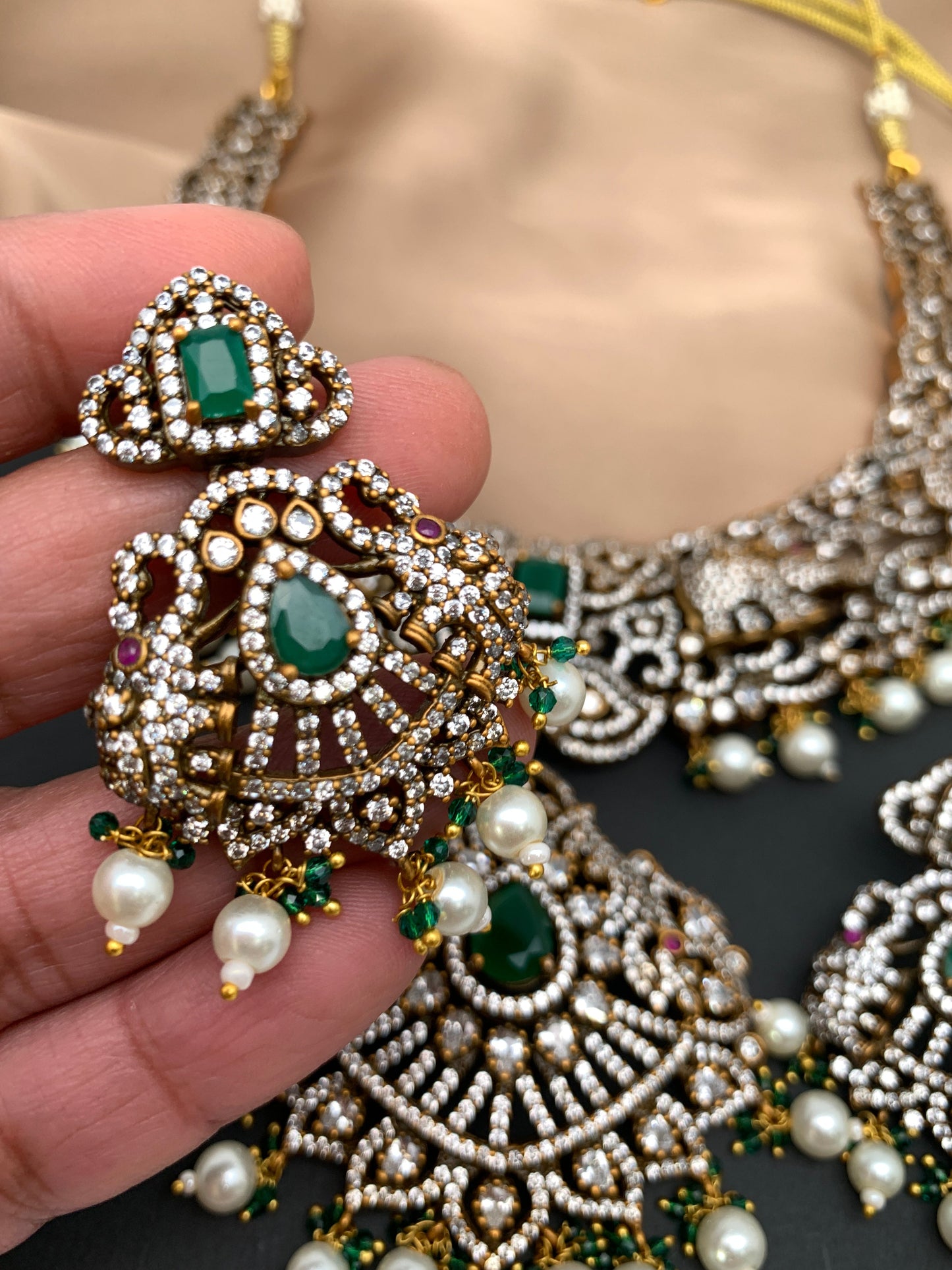 Polki Green Stone Elephant Design Mehndi Polish Short Necklace