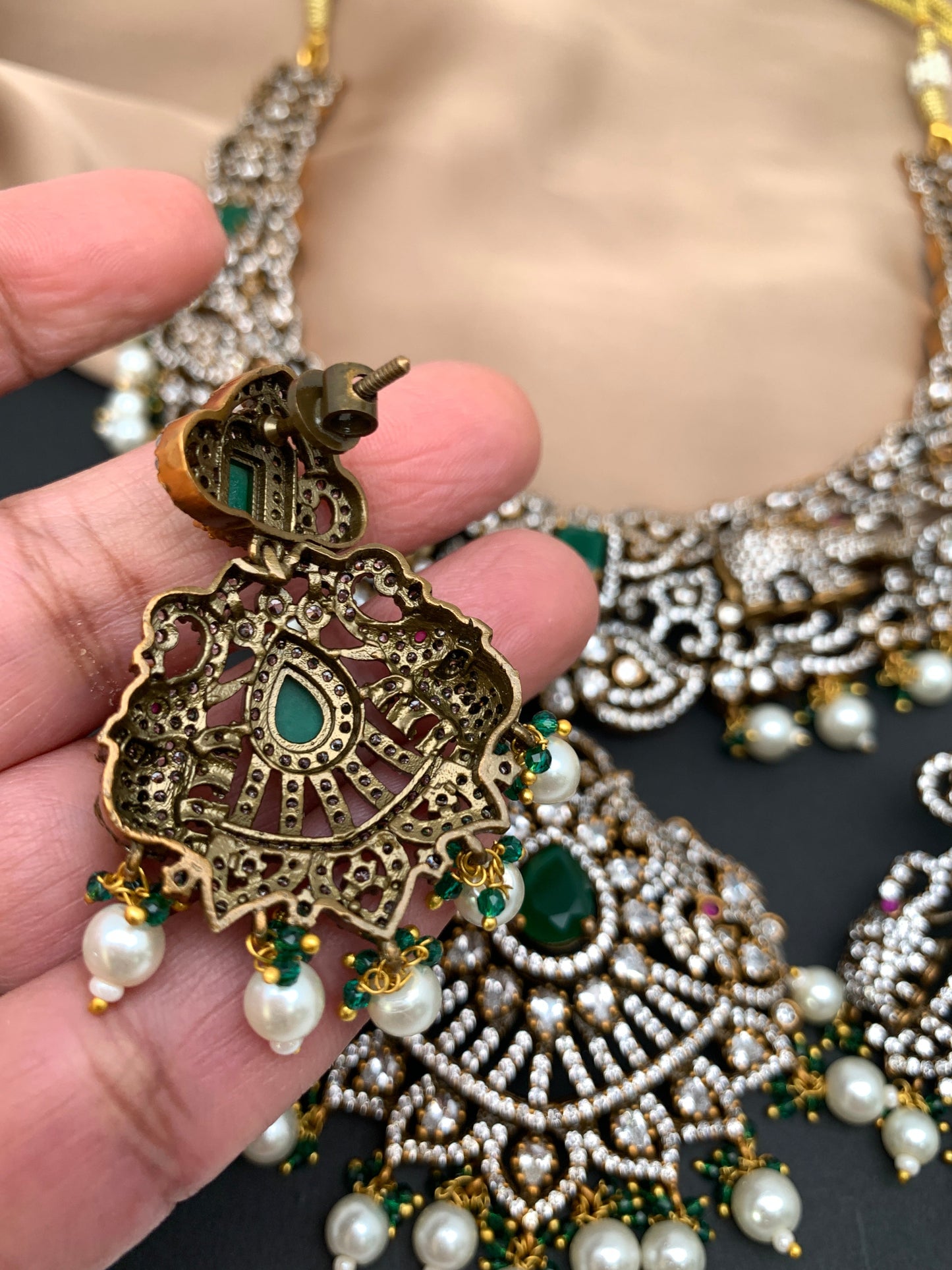 Polki Green Stone Elephant Design Mehndi Polish Short Necklace