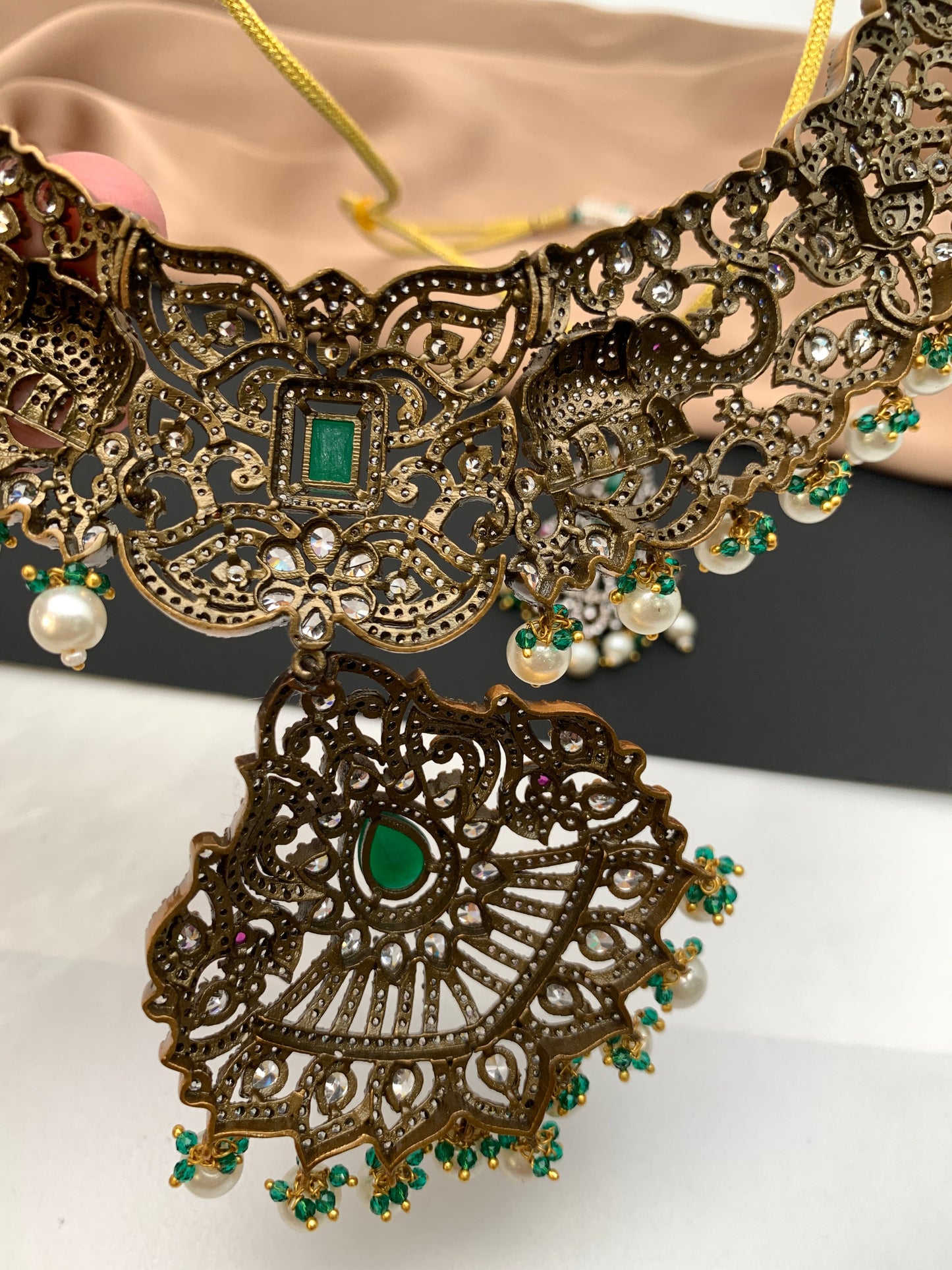 Polki Green Stone Elephant Design Mehndi Polish Short Necklace