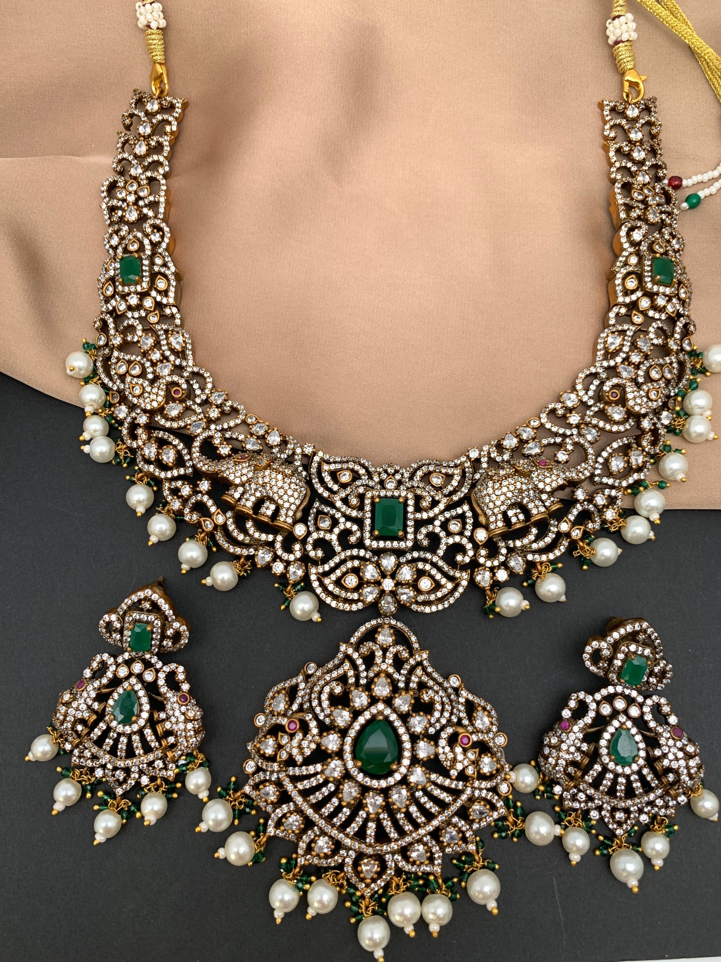 Polki Green Stone Elephant Design Mehndi Polish Short Necklace