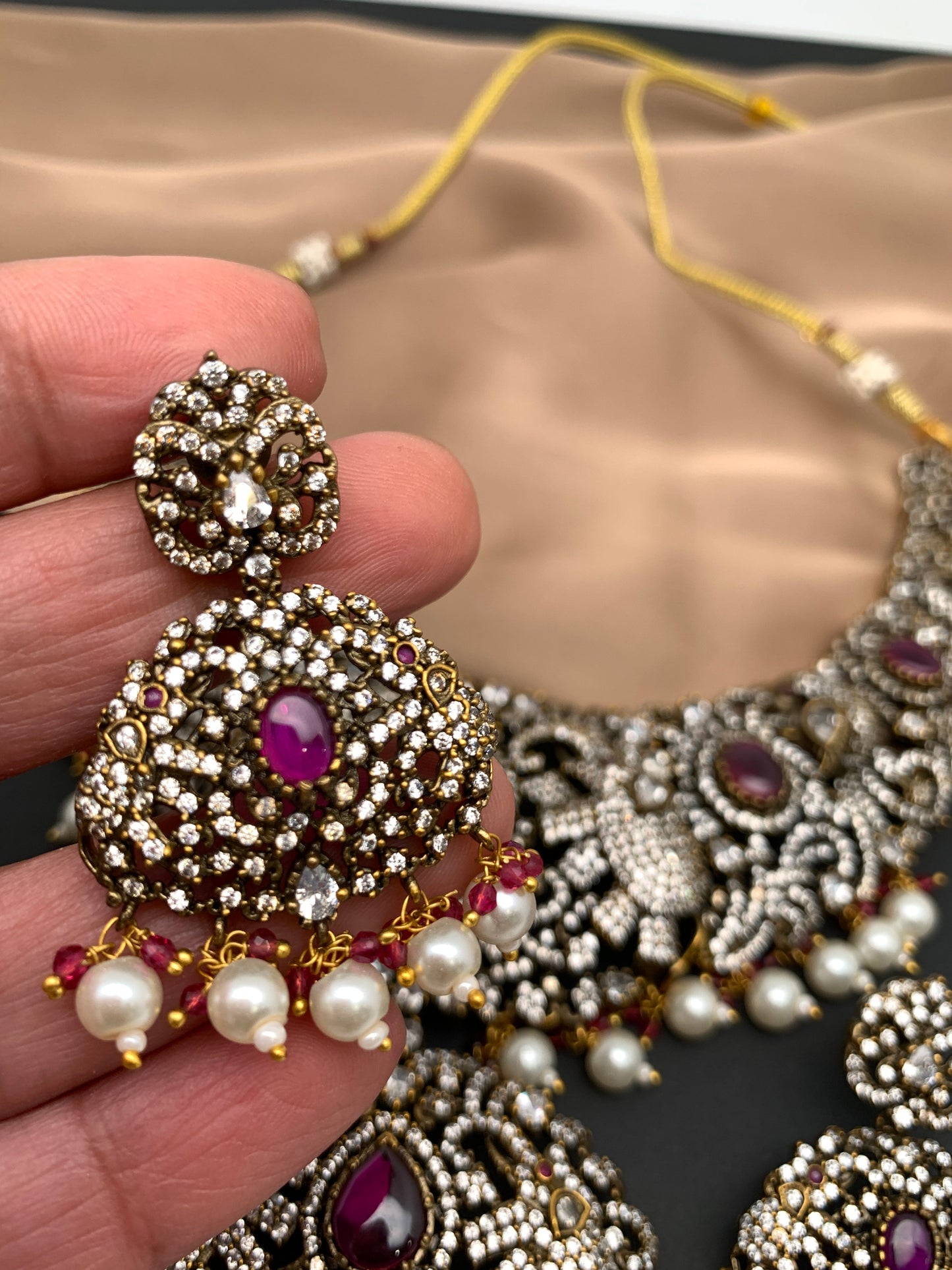 Polki Red Stone Elephant Design Mehndi Polish Short Necklace