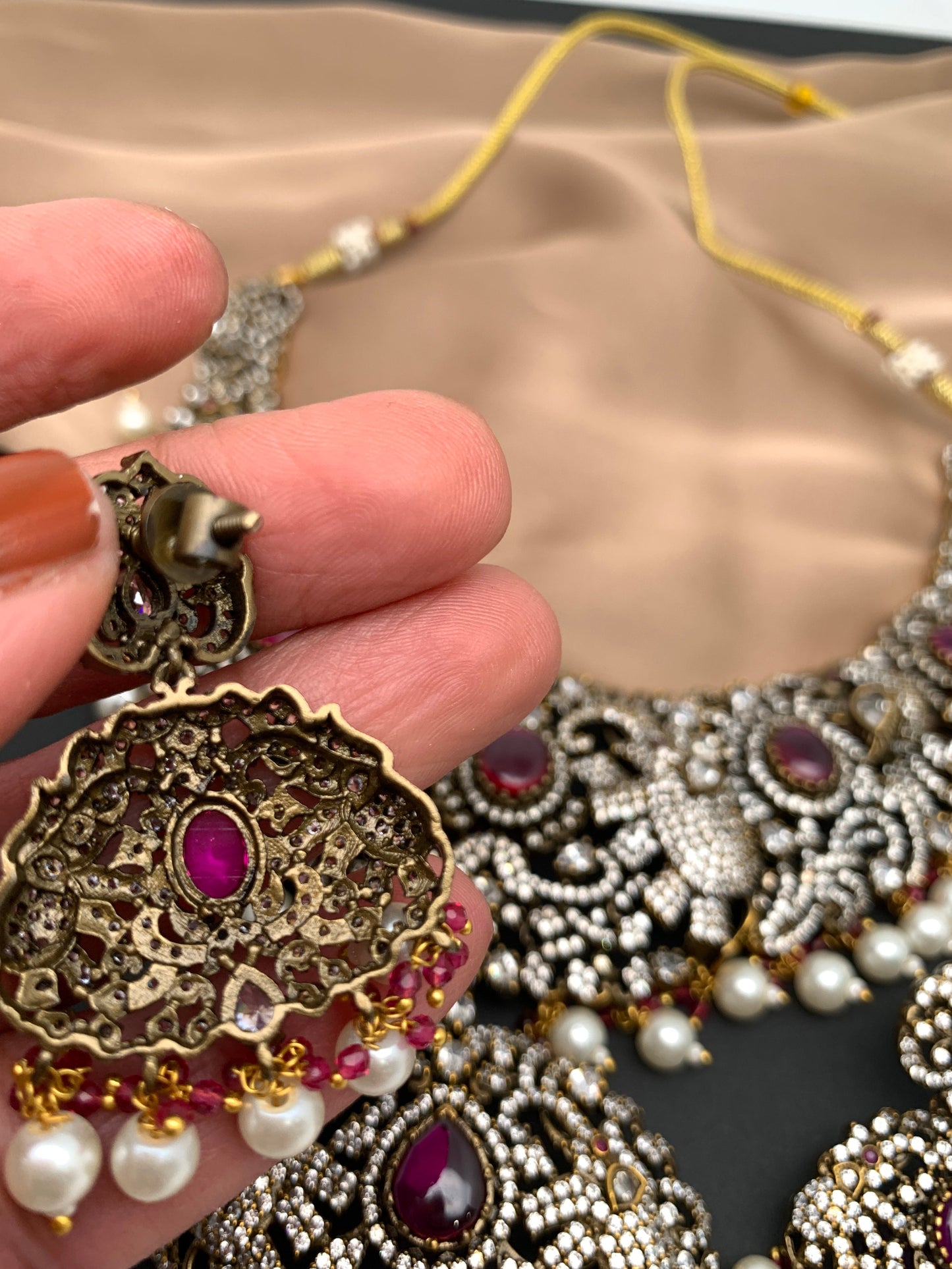 Polki Red Stone Elephant Design Mehndi Polish Short Necklace