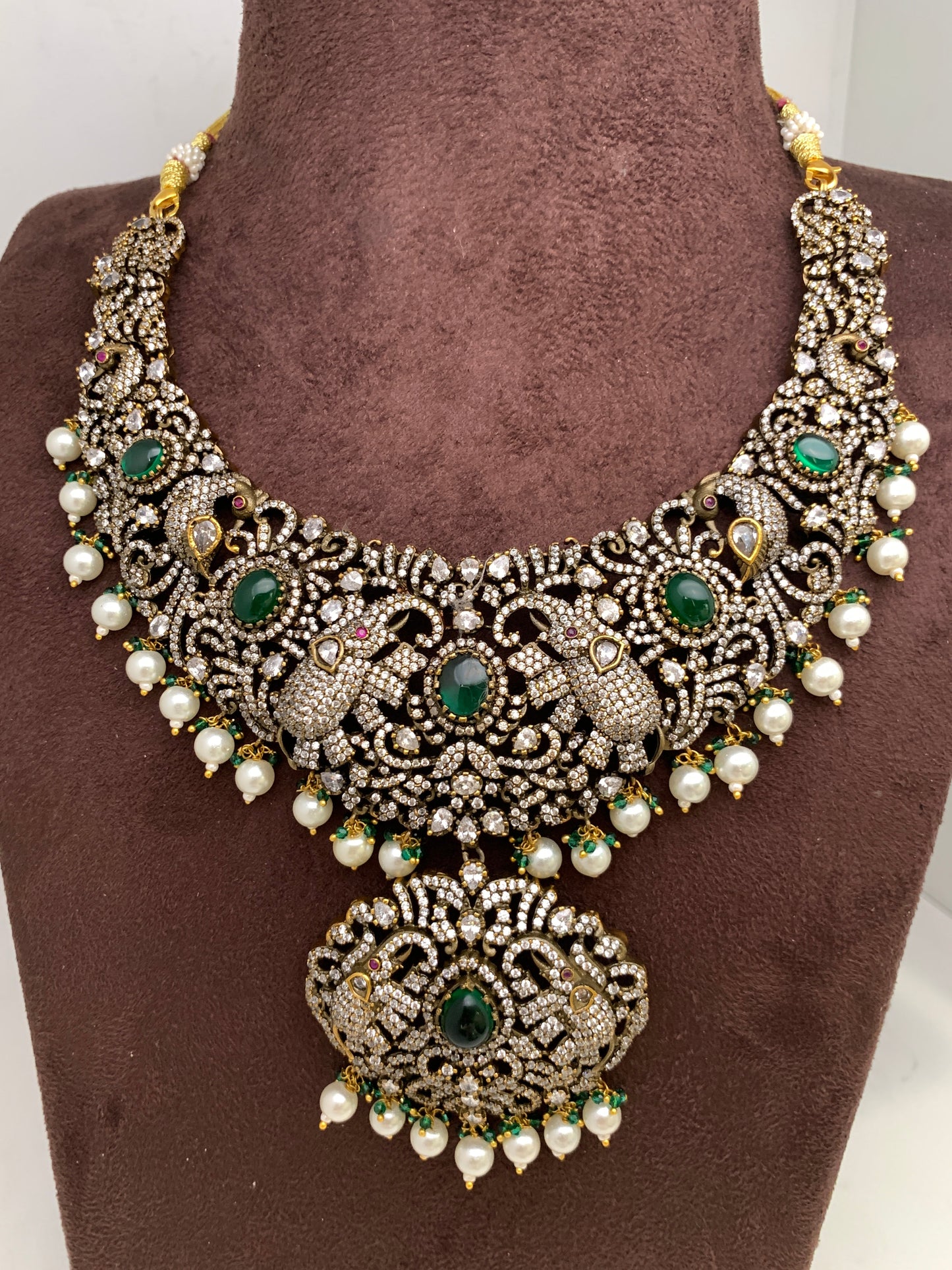 Polki Green Stone Elephant Design Mehndi Polish Short Necklace