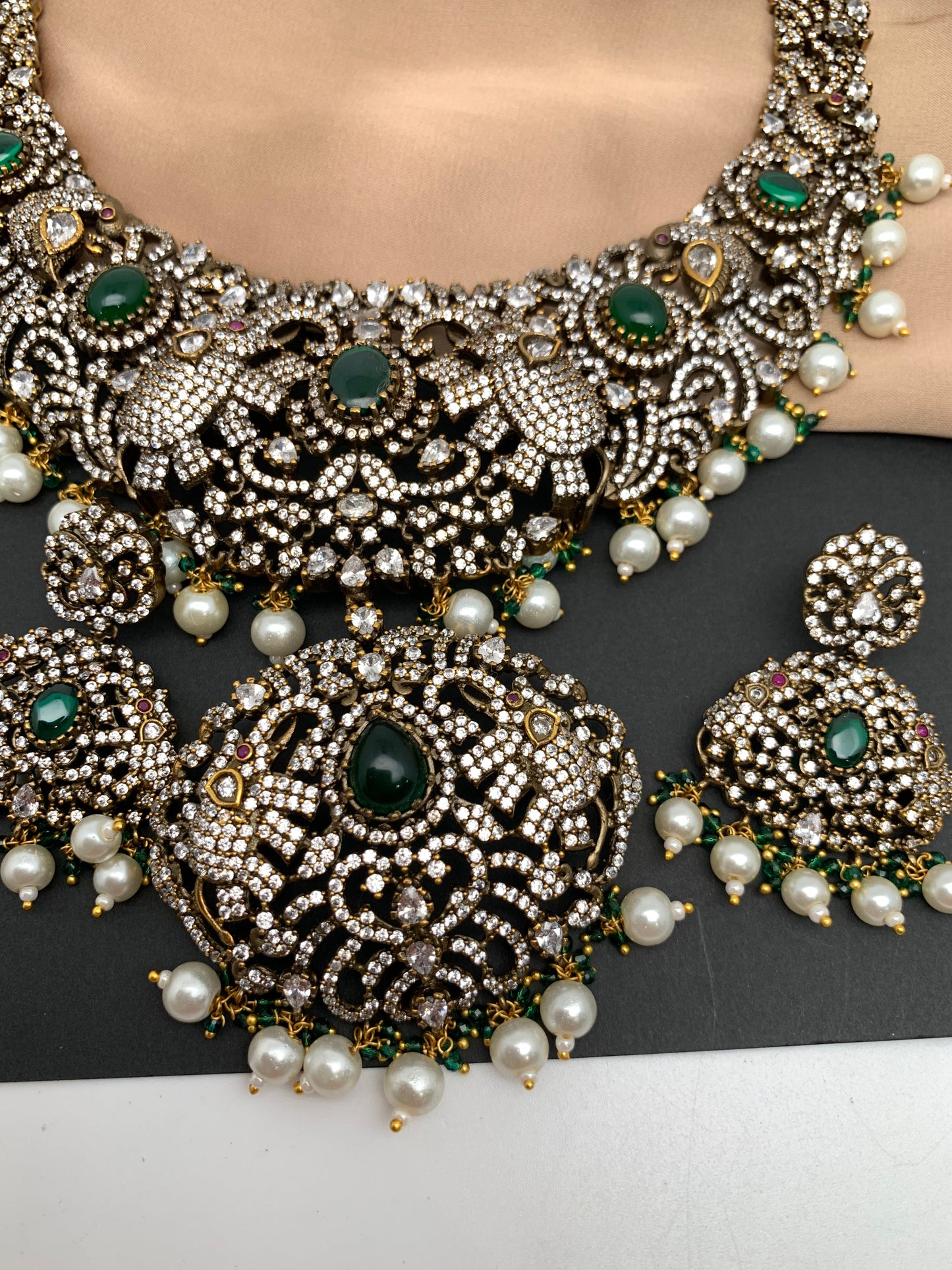 Polki Green Stone Elephant Design Mehndi Polish Short Necklace