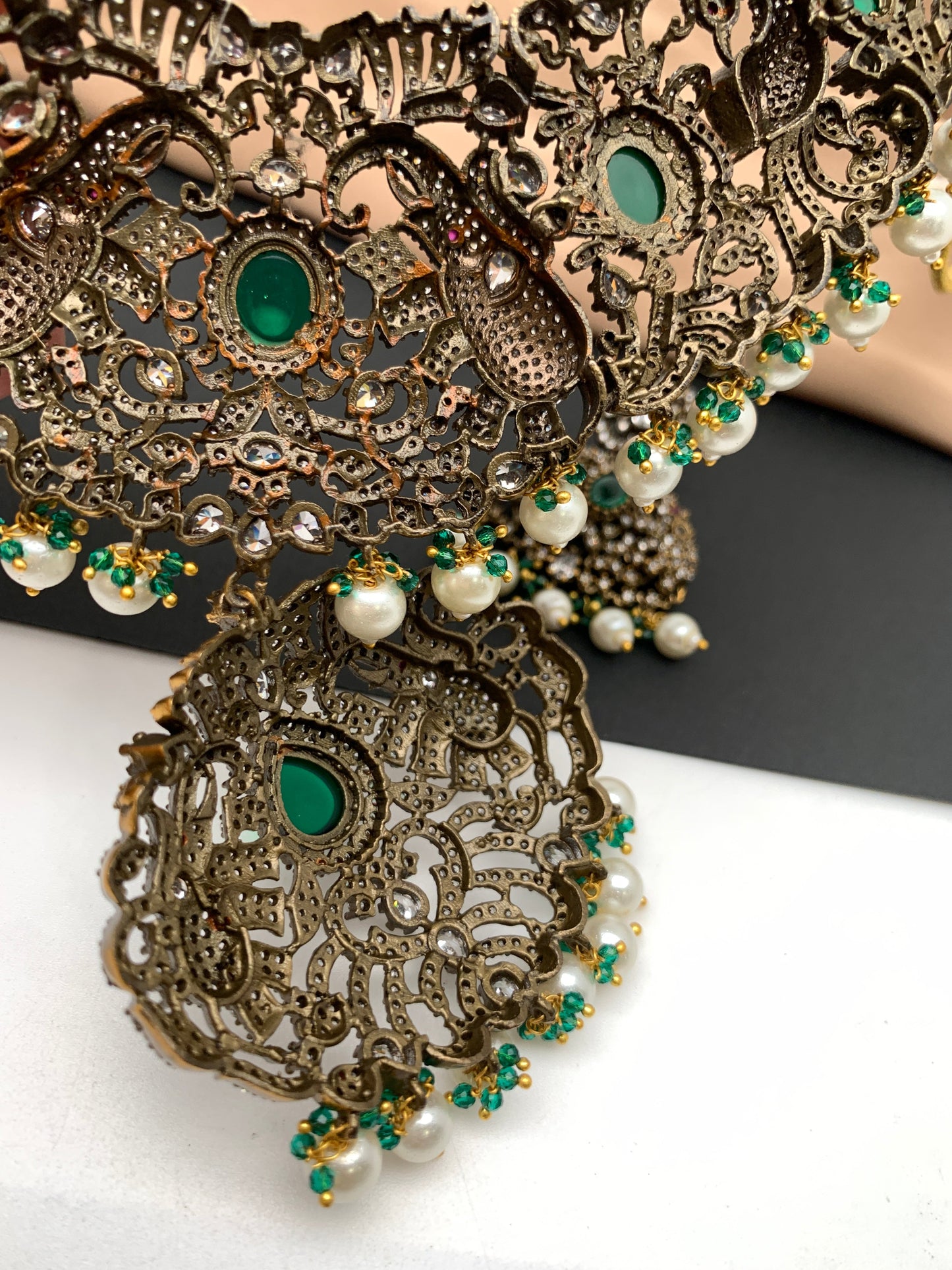 Polki Green Stone Elephant Design Mehndi Polish Short Necklace