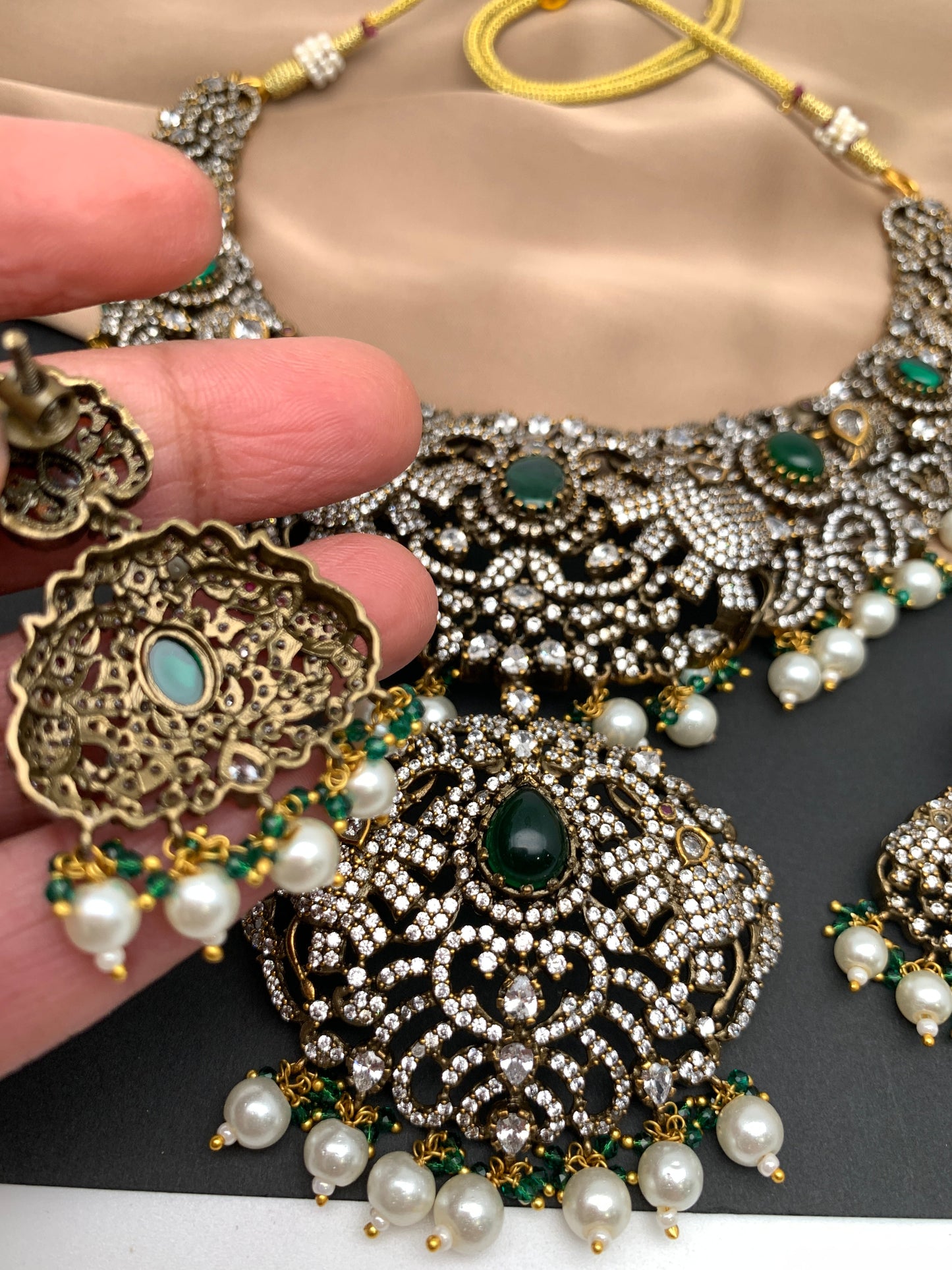 Polki Green Stone Elephant Design Mehndi Polish Short Necklace