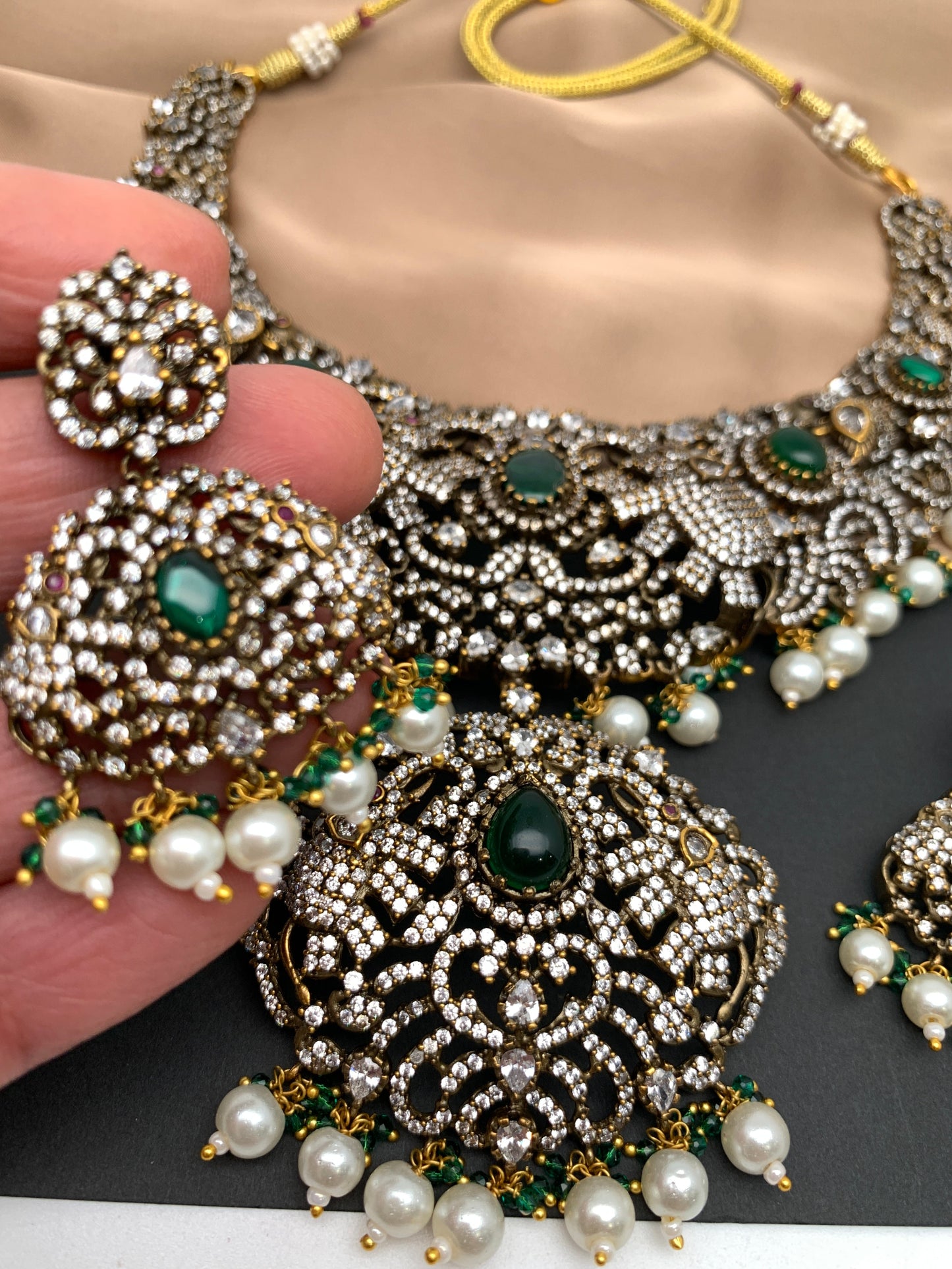 Polki Green Stone Elephant Design Mehndi Polish Short Necklace