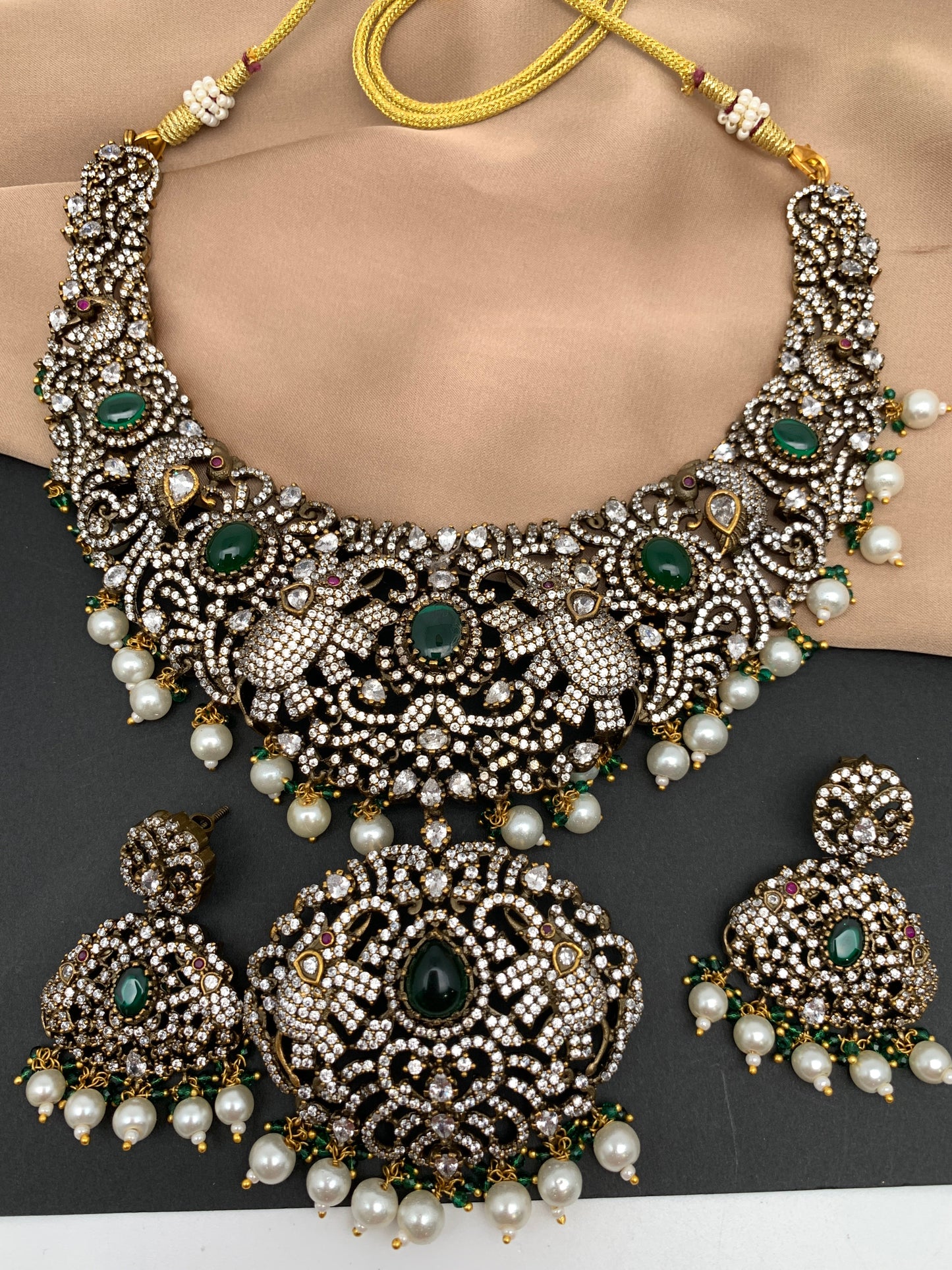 Polki Green Stone Elephant Design Mehndi Polish Short Necklace