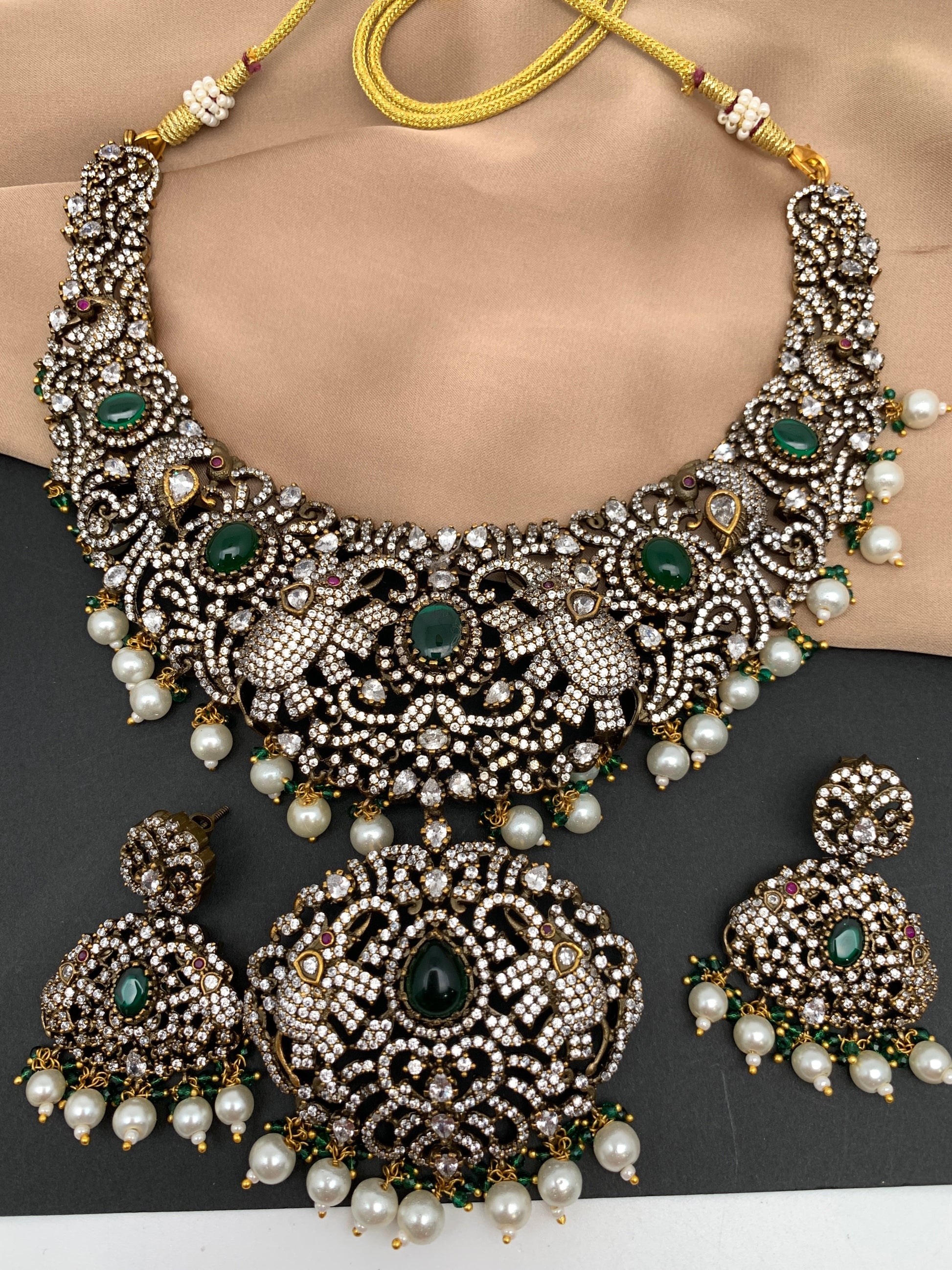 Polki Green Stone Elephant Design Mehndi Polish Short Necklace