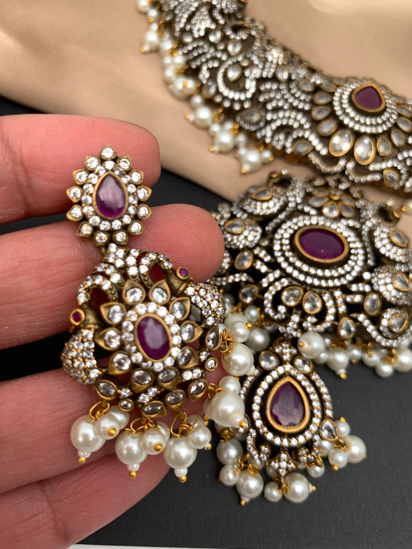 Polki Red Stone Peacock Design Mehndi Polish Short Necklace