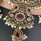 Polki Red Stone Peacock Design Mehndi Polish Short Necklace