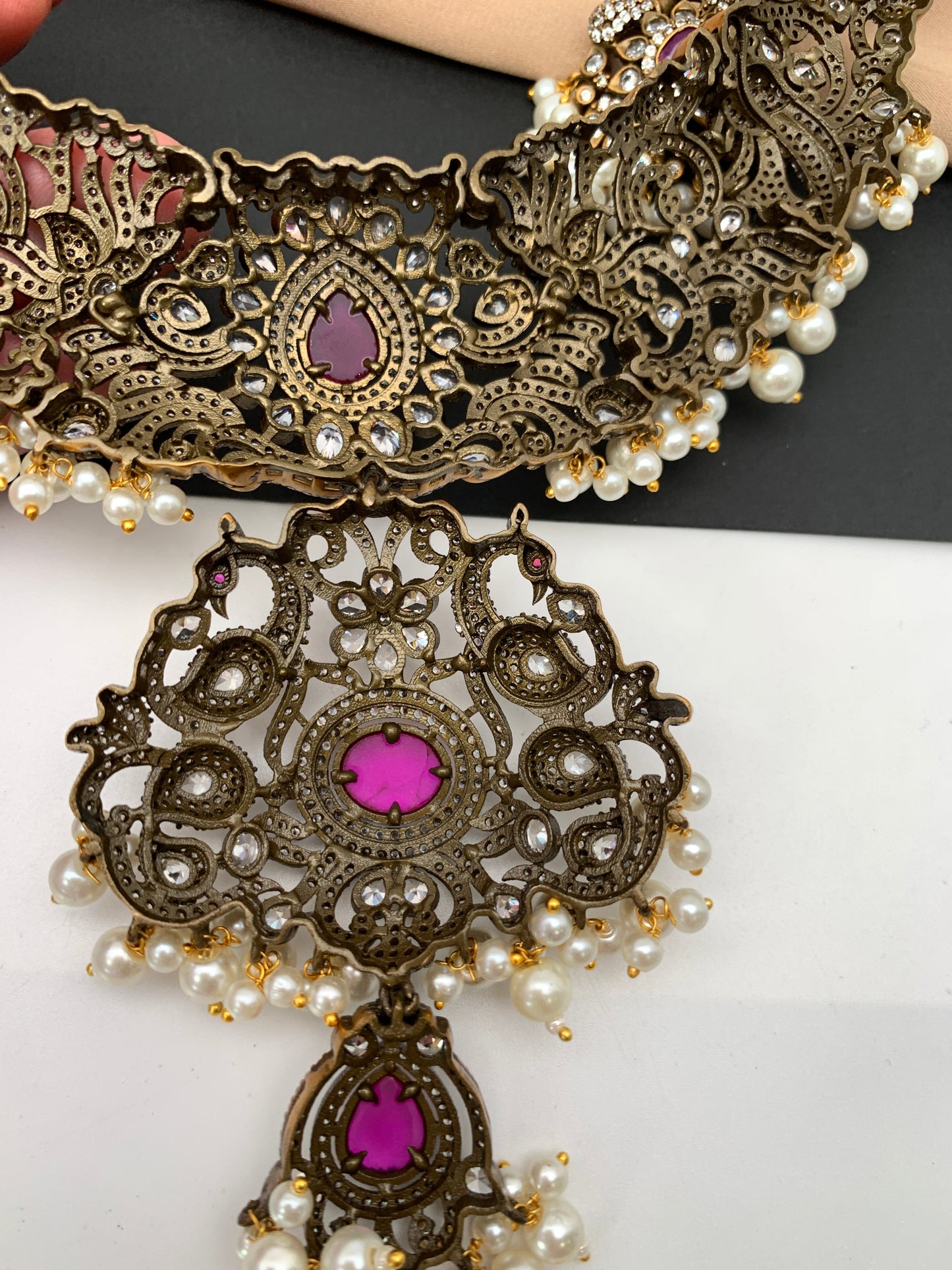 Polki Red Stone Peacock Design Mehndi Polish Short Necklace