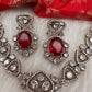 Victorian Finish AD Color Stone Short Necklace - Red