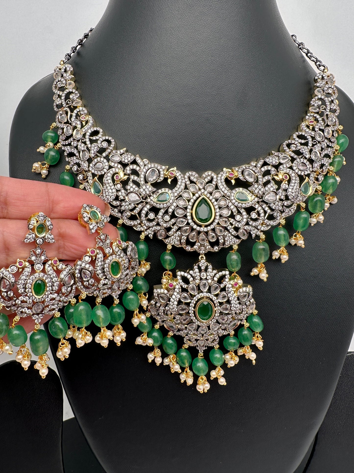 Victorian Finish AD Green Stone Green Beads Short Neckline Necklace
