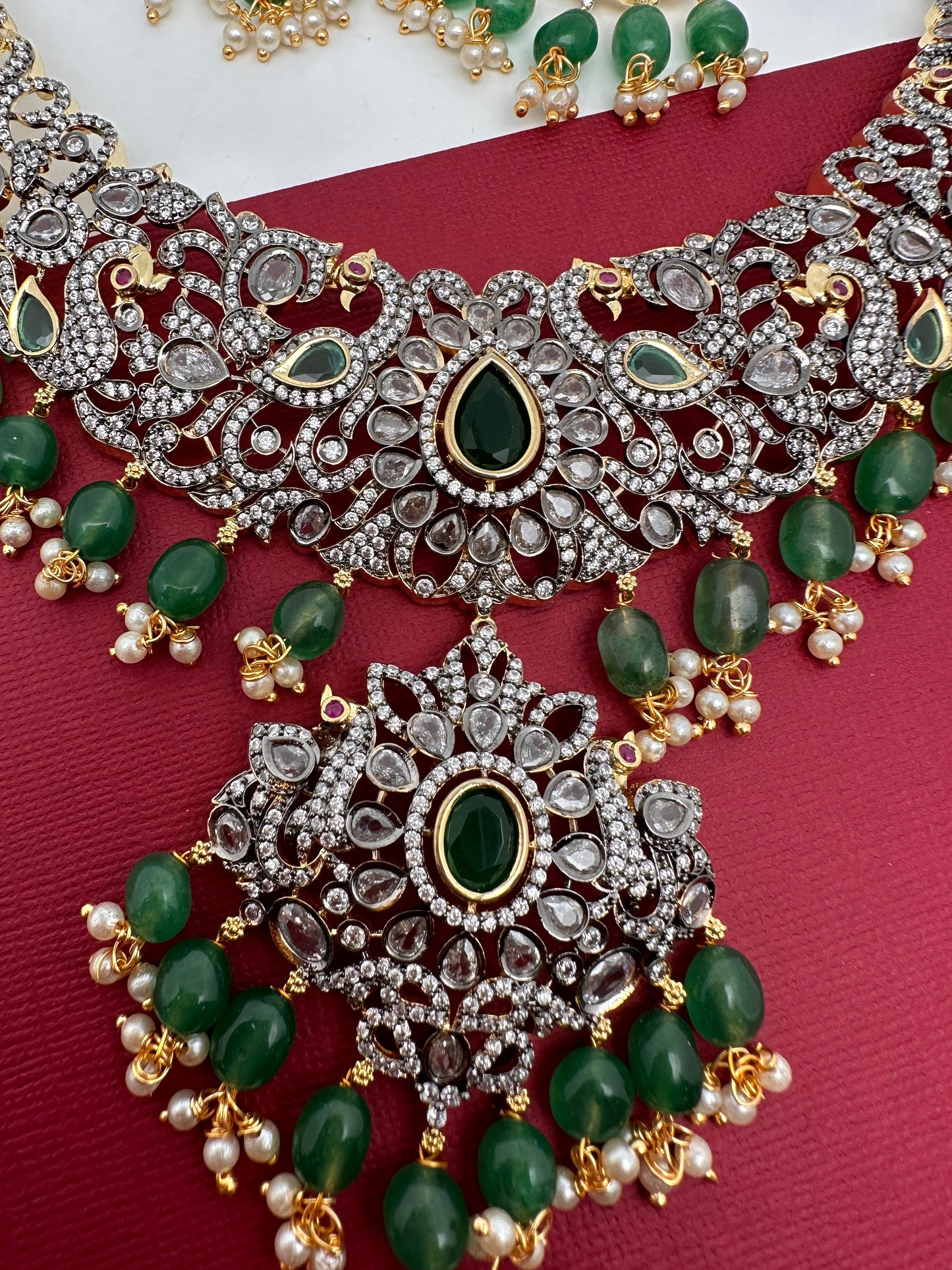 Victorian Finish AD Green Stone Green Beads Short Neckline Necklace