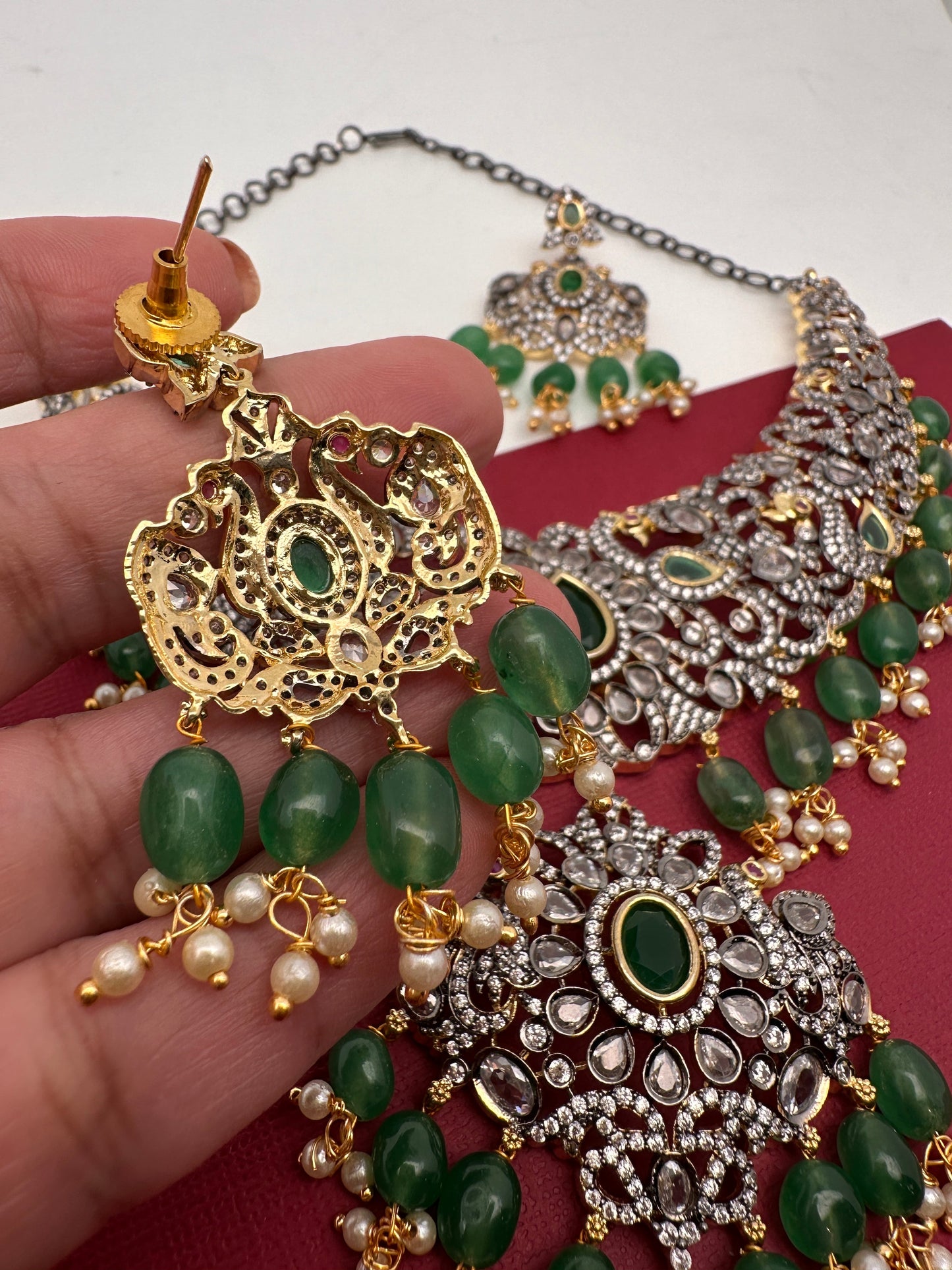 Victorian Finish AD Green Stone Green Beads Short Neckline Necklace