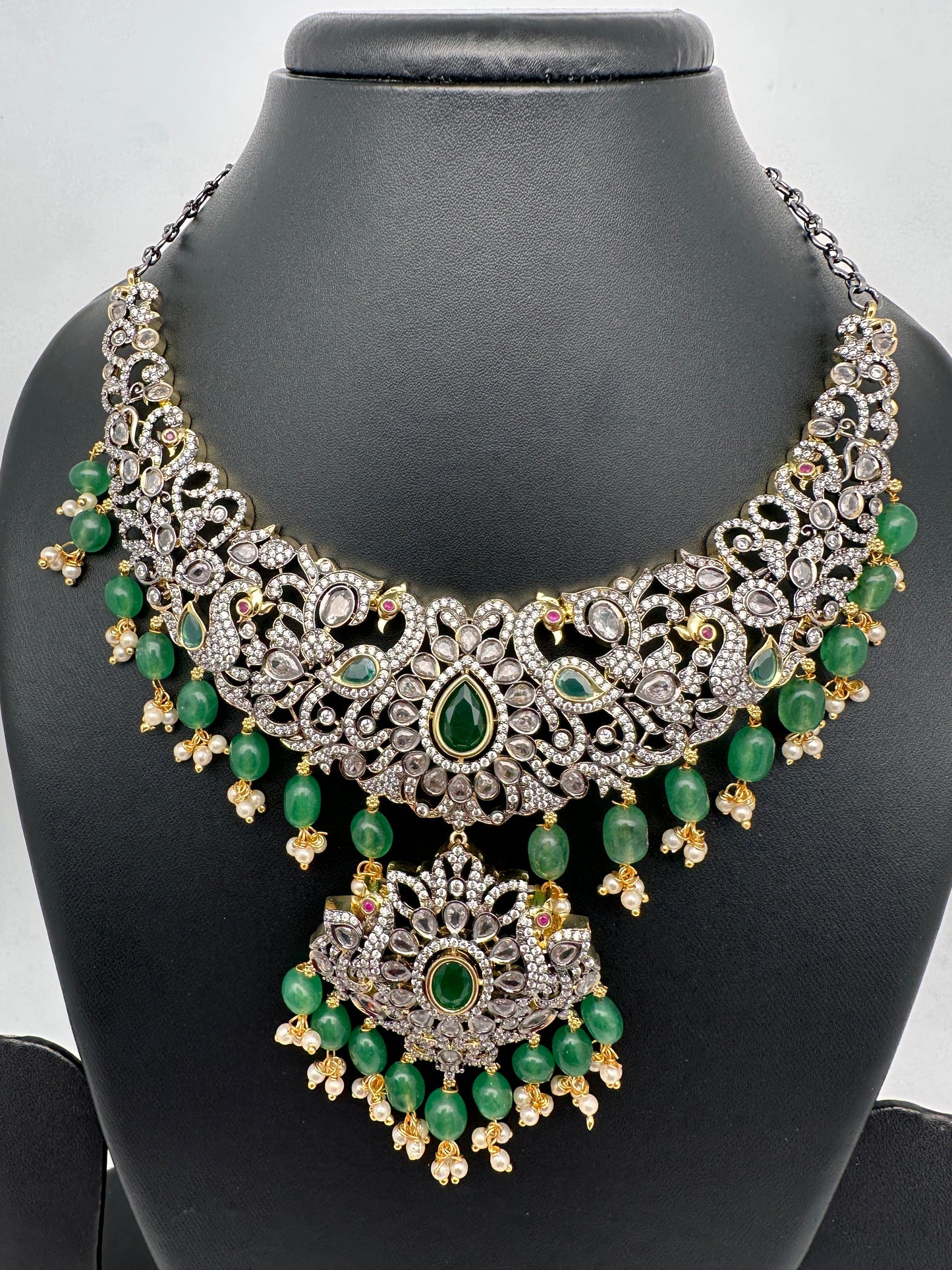 Victorian Finish AD Green Stone Green Beads Short Neckline Necklace