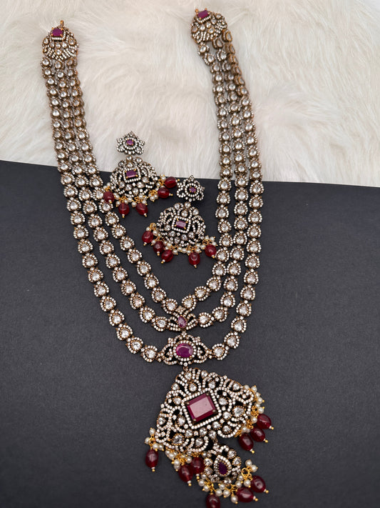 Victorian Diamond FInish AD Color Stone Long Necklace - Red