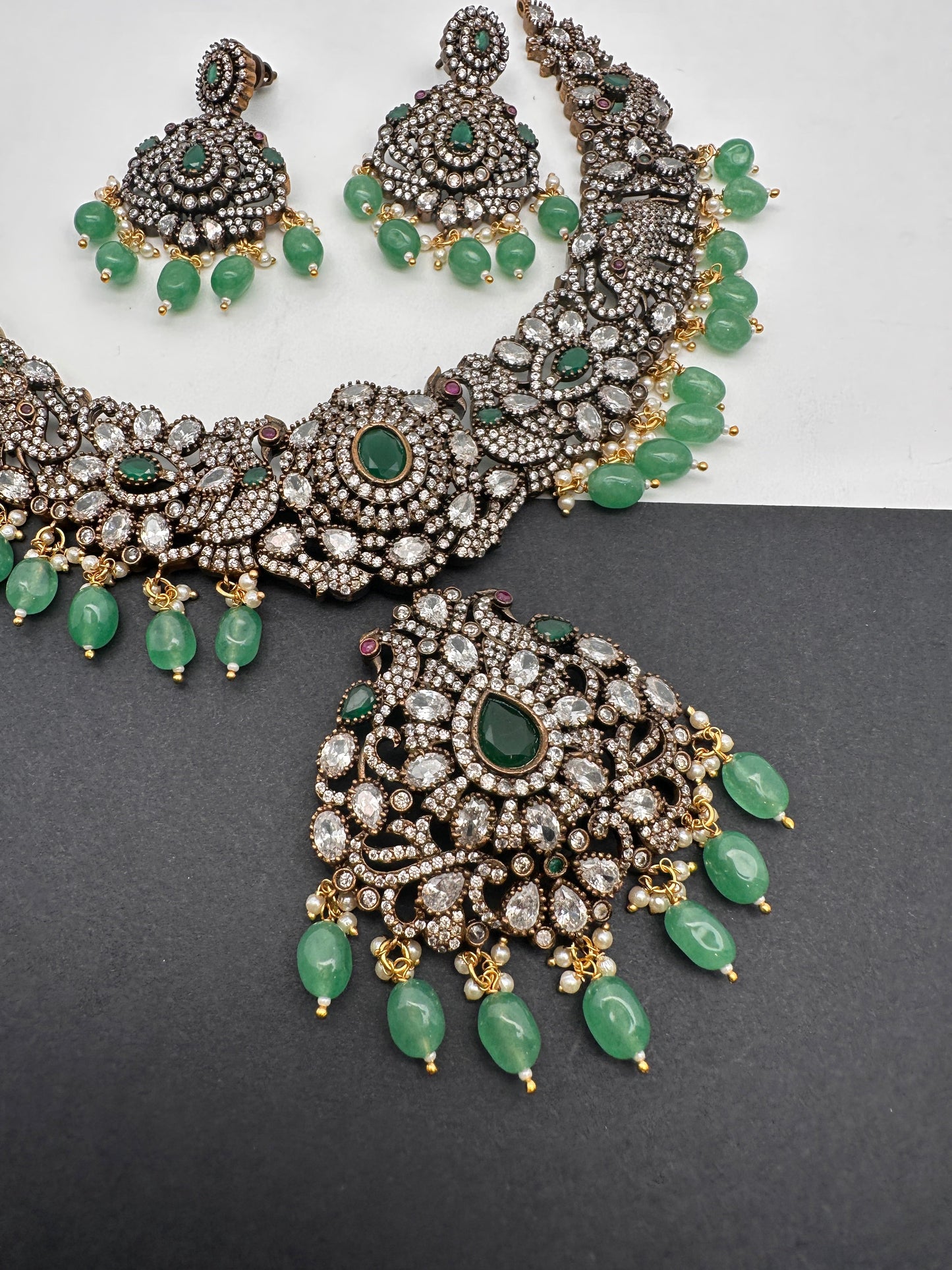 Victorian Finish AD Green Stone Green Beads Short Neckline Necklace