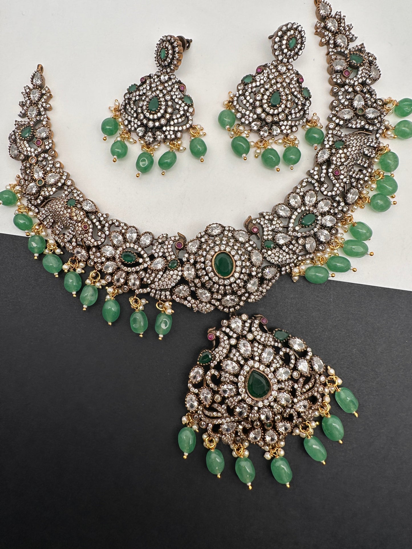 Victorian Finish AD Green Stone Green Beads Short Neckline Necklace