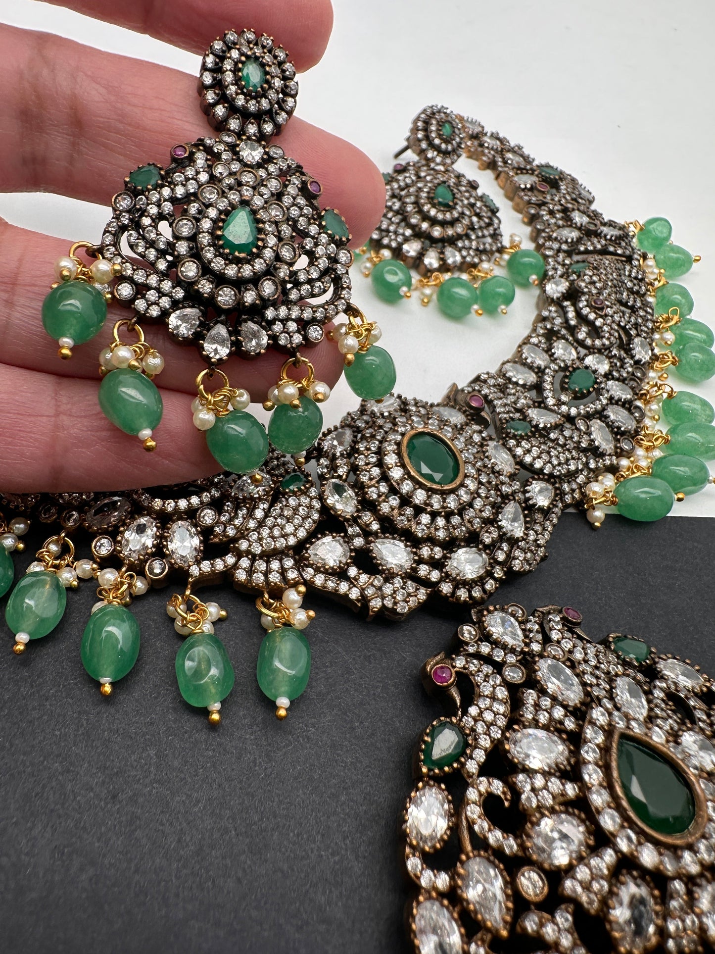 Victorian Finish AD Green Stone Green Beads Short Neckline Necklace