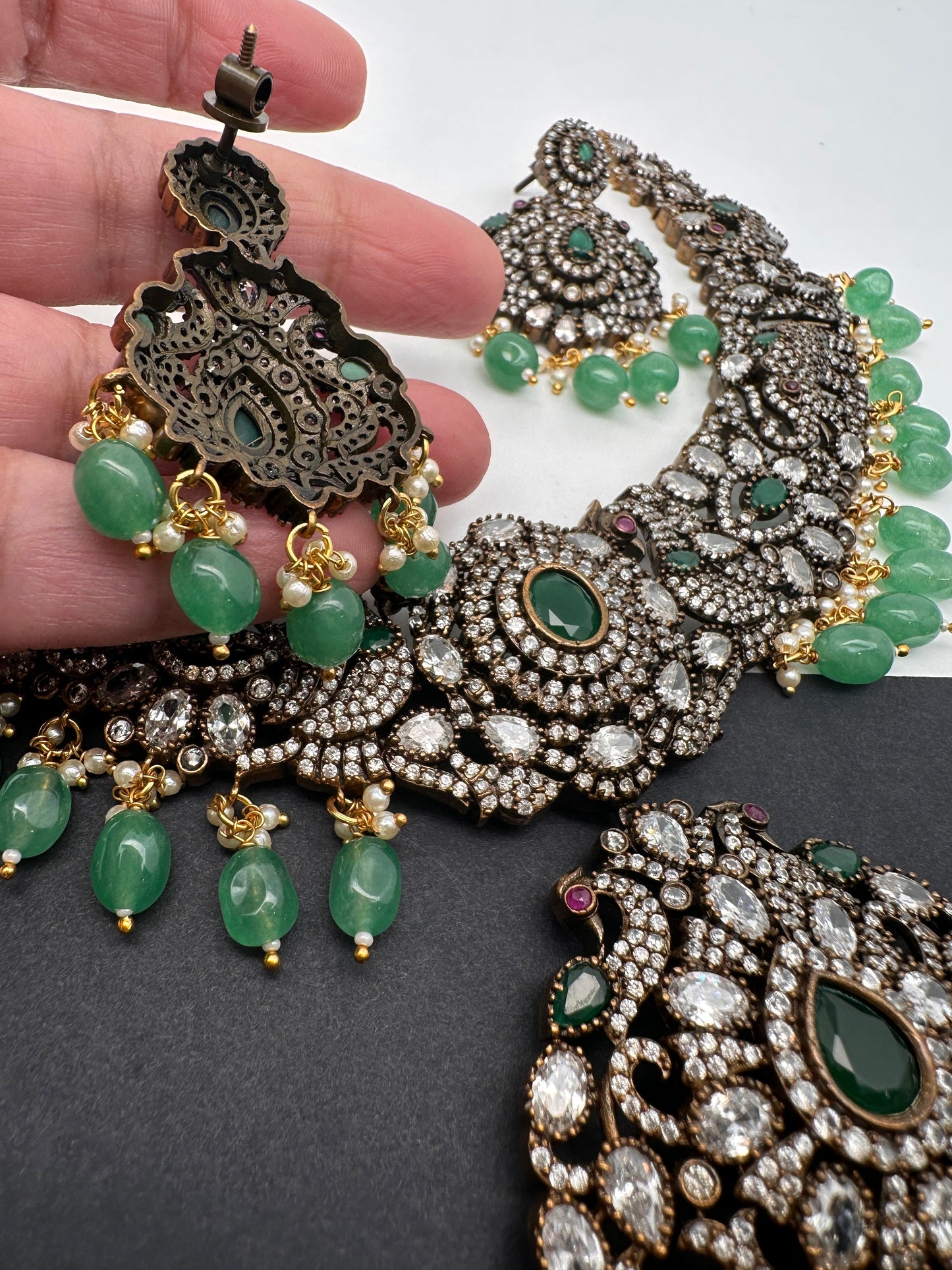 Victorian Finish AD Green Stone Green Beads Short Neckline Necklace