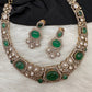 Victorian Mehndi Finish AD Polki Kundan Color Stone Hasli Necklace - Green