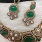 Victorian Mehndi Finish AD Polki Kundan Color Stone Hasli Necklace - Green