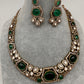 Victorian Mehndi Finish AD Polki Kundan Color Stone Hasli Necklace - Green