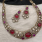 Victorian Mehndi Finish AD Polki Kundan Color Stone Hasli Necklace - Red