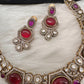 Victorian Mehndi Finish AD Polki Kundan Color Stone Hasli Necklace - Red