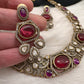 Victorian Mehndi Finish AD Polki Kundan Color Stone Hasli Necklace - Red