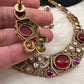 Victorian Mehndi Finish AD Polki Kundan Color Stone Hasli Necklace - Red