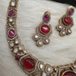 Victorian Mehndi Finish AD Polki Kundan Color Stone Hasli Necklace - Red