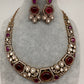 Victorian Mehndi Finish AD Polki Kundan Color Stone Hasli Necklace - Red