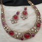 Victorian Mehndi Finish AD Polki Kundan Color Stone Hasli Necklace - Red
