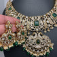 Victorian Mehndi Finish AD Polki Green Stone Green Beads Statement Neckline Necklace