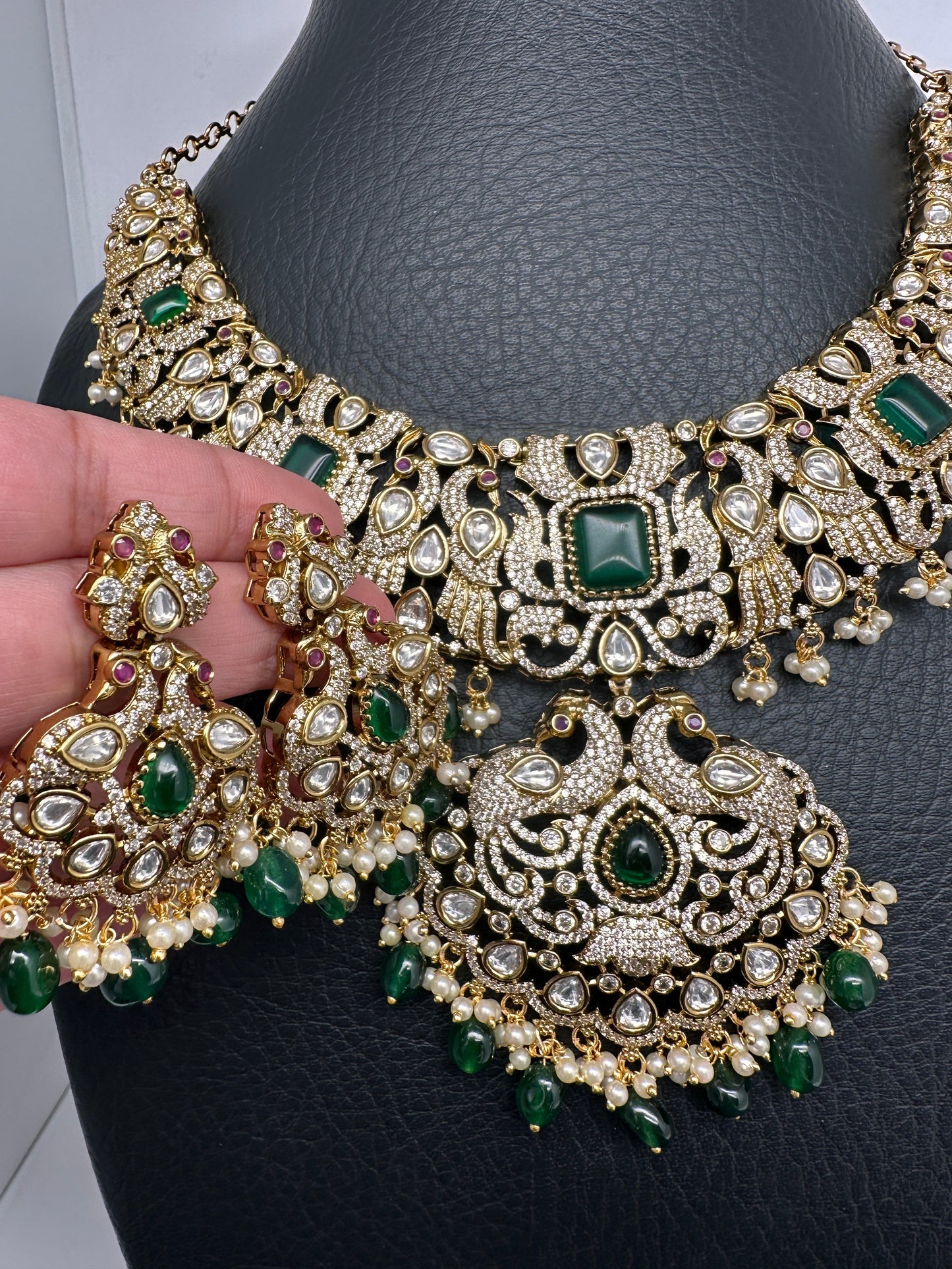 Victorian Mehndi Finish AD Polki Green Stone Green Beads Statement Neckline Necklace