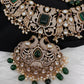Victorian Mehndi Finish AD Polki Green Stone Green Beads Statement Neckline Necklace