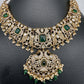 Victorian Mehndi Finish AD Polki Green Stone Green Beads Statement Neckline Necklace