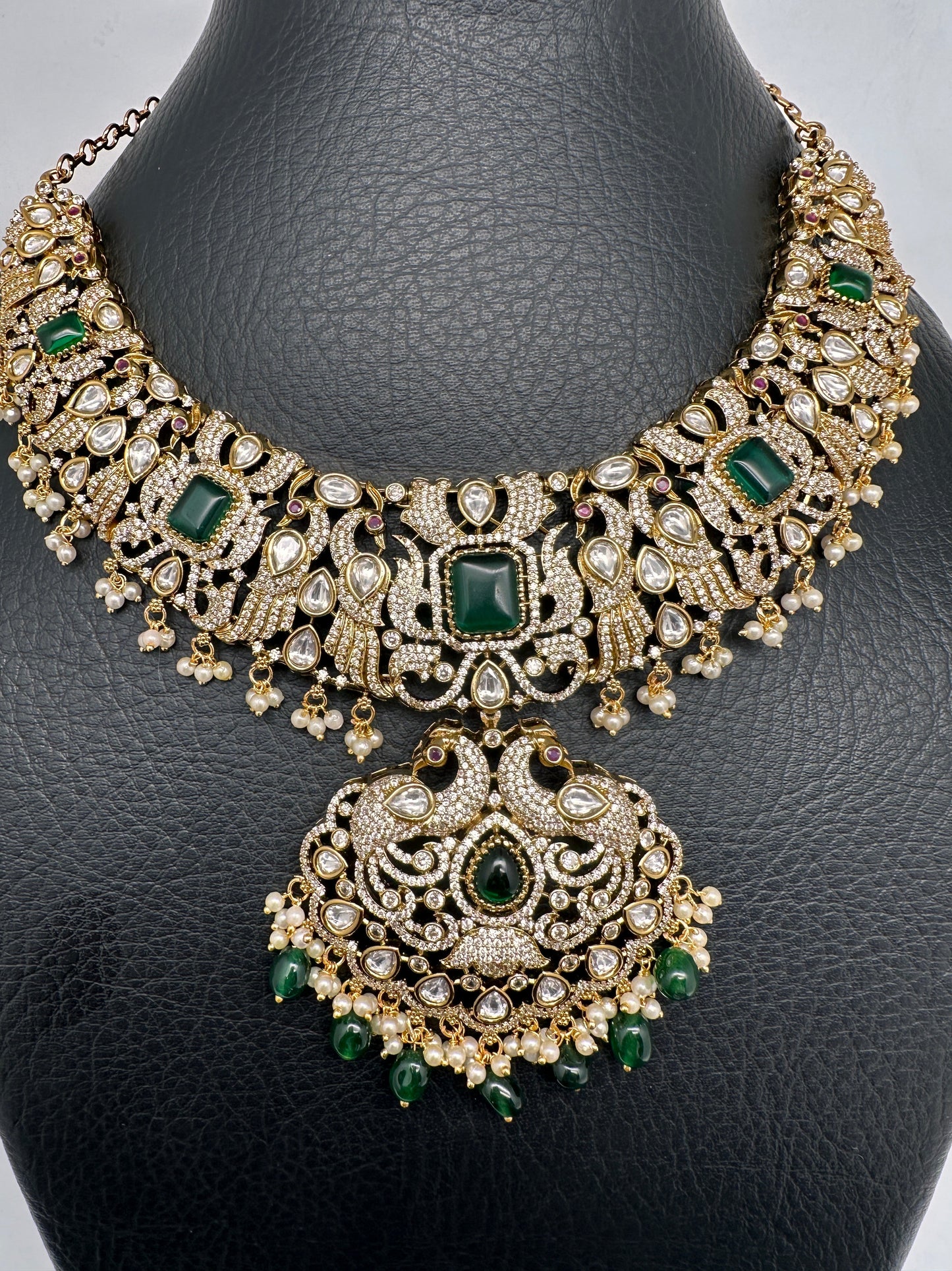 Victorian Mehndi Finish AD Polki Green Stone Green Beads Statement Neckline Necklace