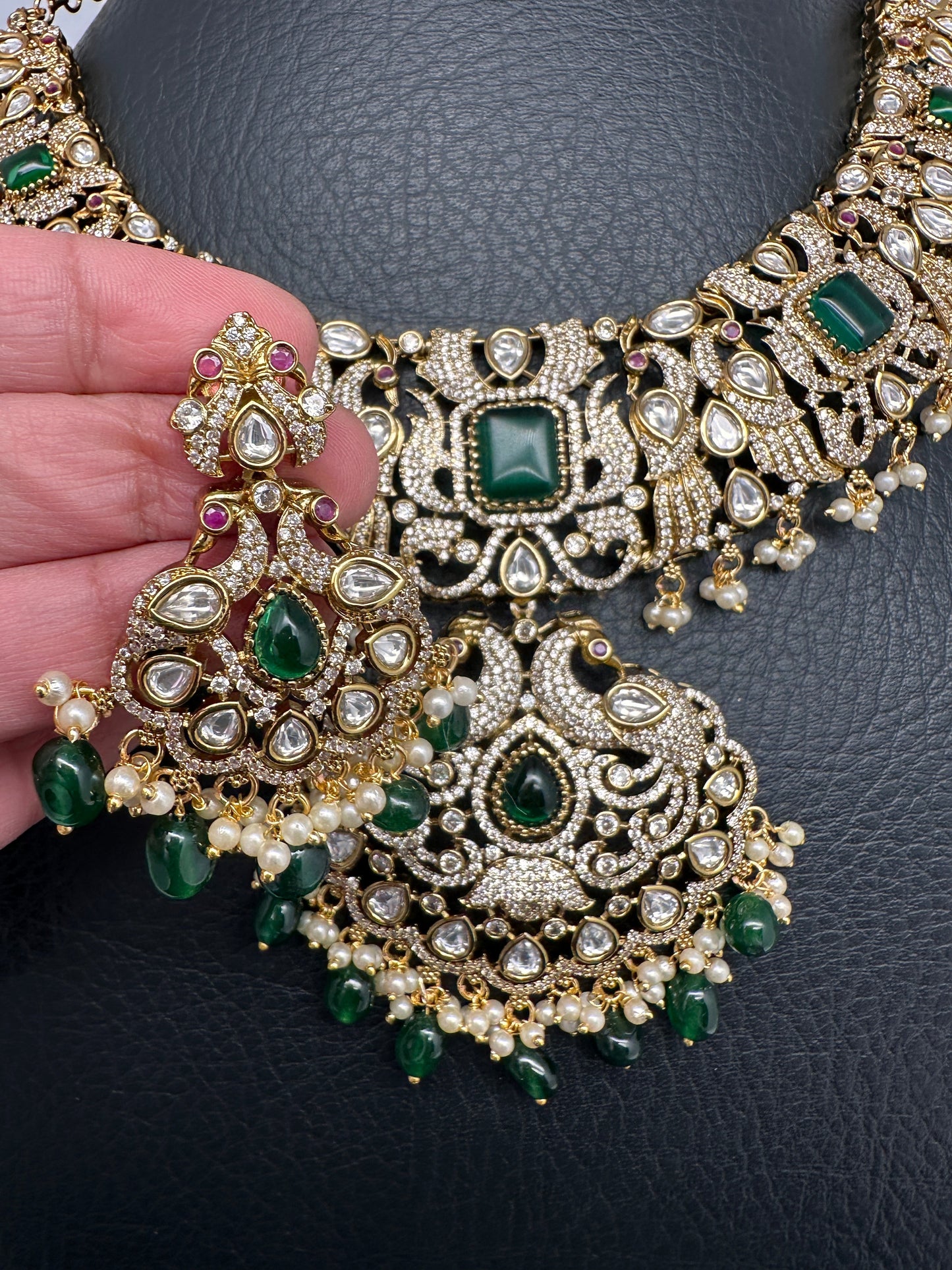 Victorian Mehndi Finish AD Polki Green Stone Green Beads Statement Neckline Necklace