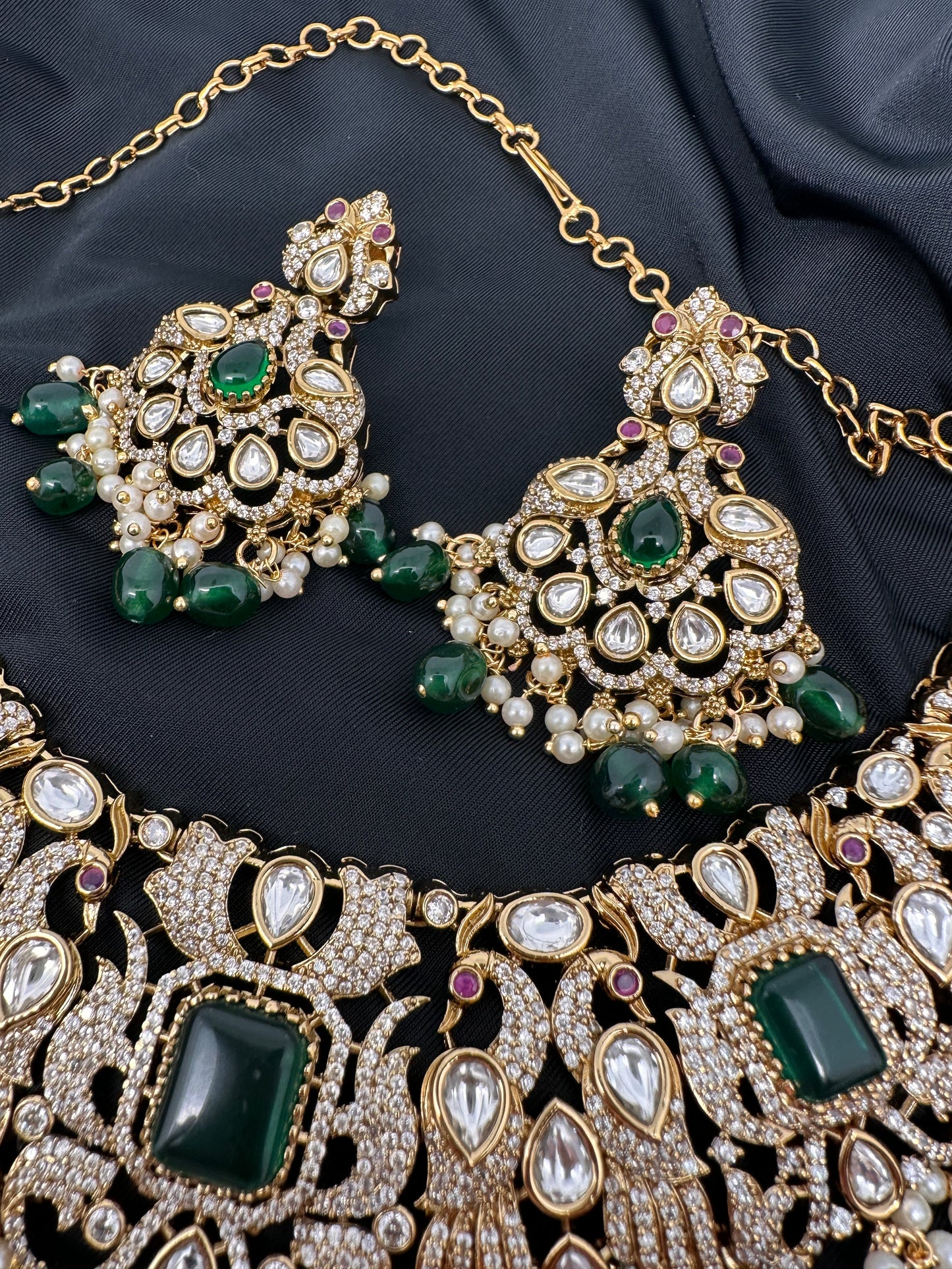 Victorian Mehndi Finish AD Polki Green Stone Green Beads Statement Neckline Necklace