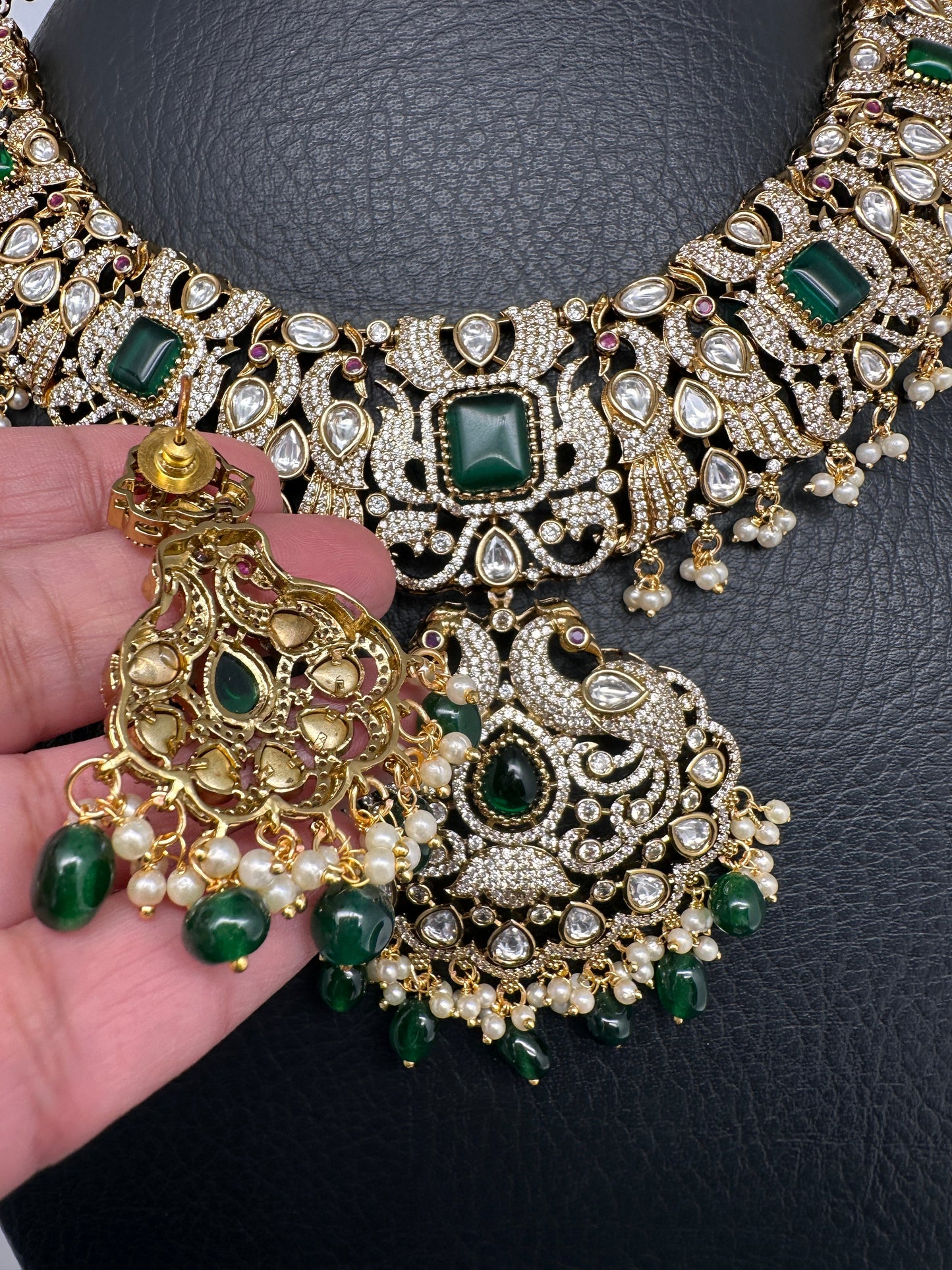 Victorian Mehndi Finish AD Polki Green Stone Green Beads Statement Neckline Necklace