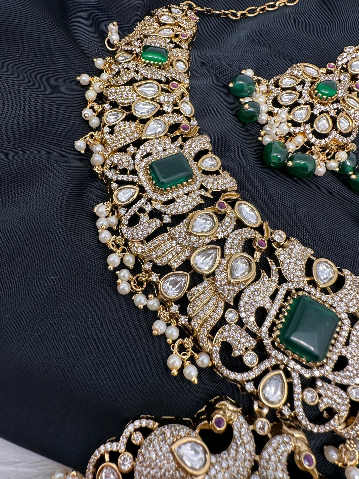 Victorian Mehndi Finish AD Polki Green Stone Green Beads Statement Neckline Necklace