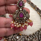 Victorian Mehndi Finish AD Polki Red Stone Pink Beads Long Statement Necklace