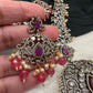 Victorian Mehndi Finish AD Polki Red Stone Pink Beads Long Necklace - Red