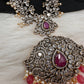 Victorian Mehndi Finish AD Polki Red Stone Pink Beads Long Necklace - Red