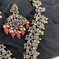 Victorian Mehndi Finish AD Polki Red Stone Pink Beads Long Necklace - Red
